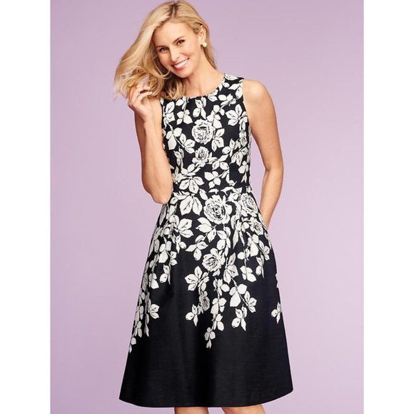 Talbots Black White Rose Floral Fit & Flare Dress Sz 12 P - Picture 1 of 8